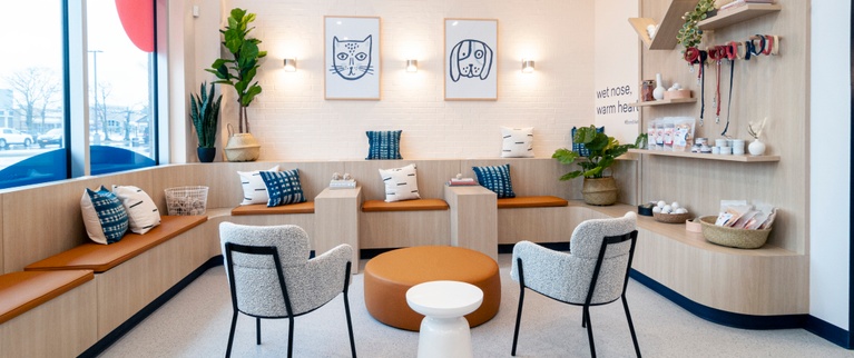 Modern waiting room with pet-themed decor, featuring comfortable seating and retail shelving with pet products.