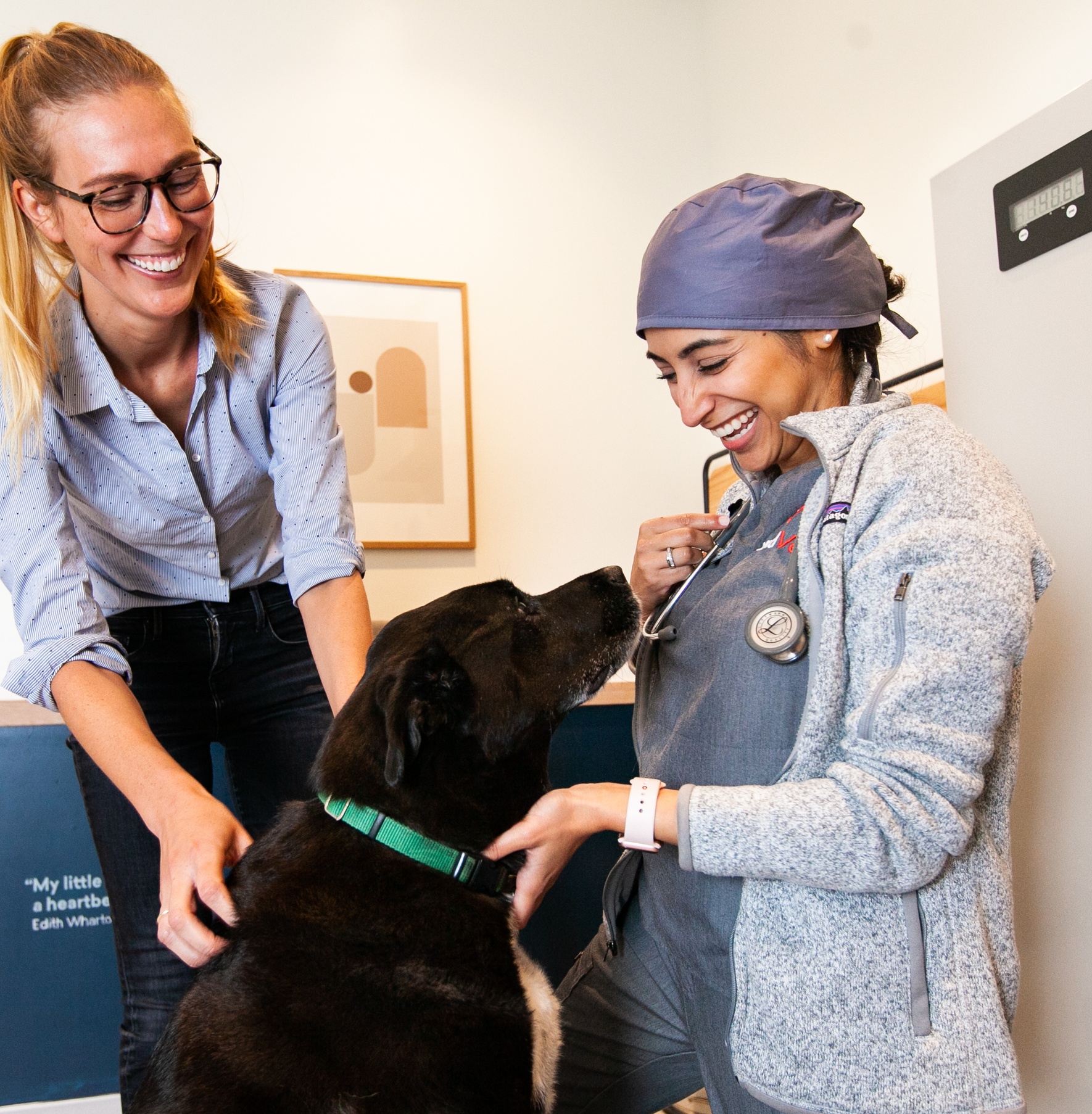 Two women petting a black dog in an office.