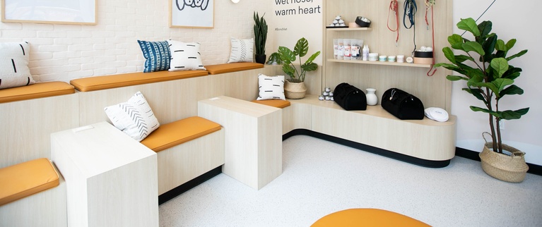 Modern veterinary clinic waiting room with pet-themed decor and comfortable seating.