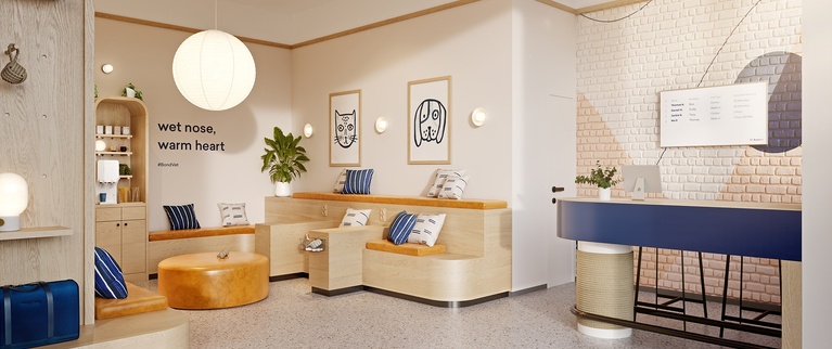 Modern veterinary clinic reception area with a cozy and welcoming design featuring pet-themed decor.